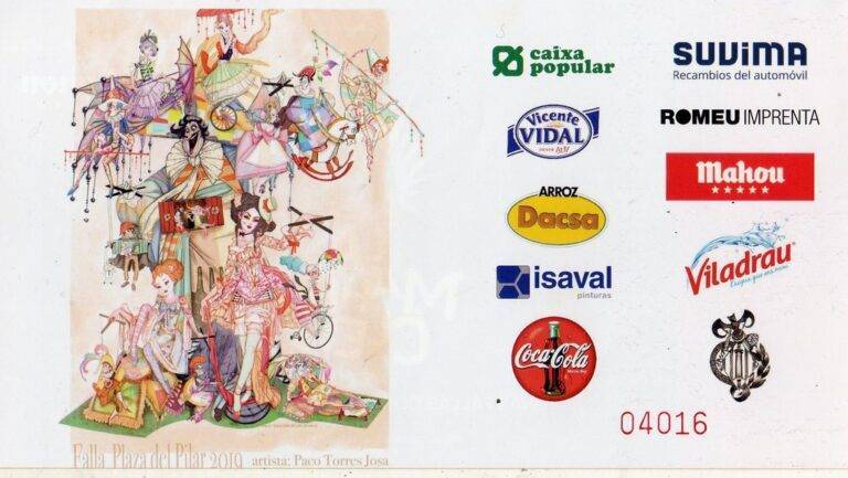 Entrada y postal recuerdo en la Falla Plaza del Pilar