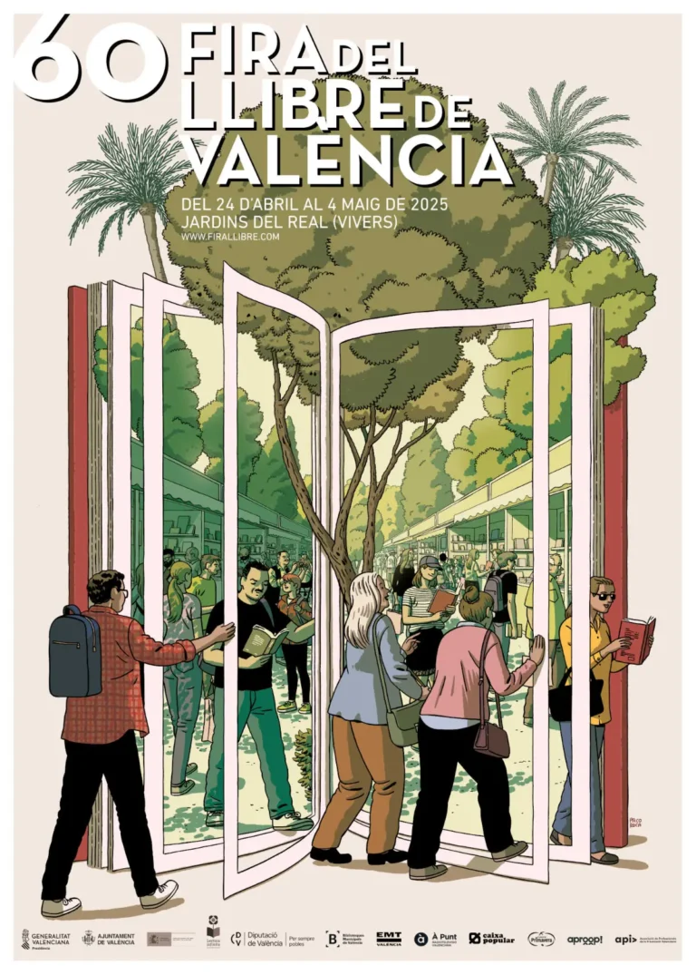 Paco Roca transforma las puertas de los Jardines del Real en un libro para el cartel de la Feria del Libro de València 2025