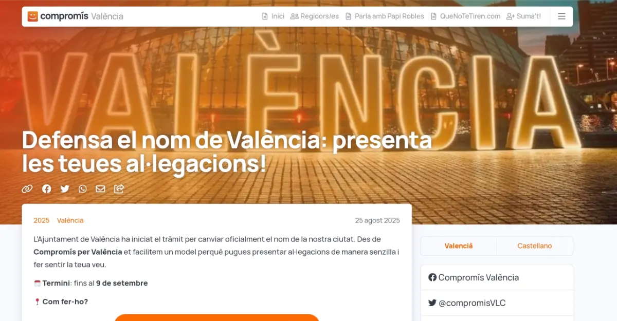 Compromís lanza una web para defender el nombre de València