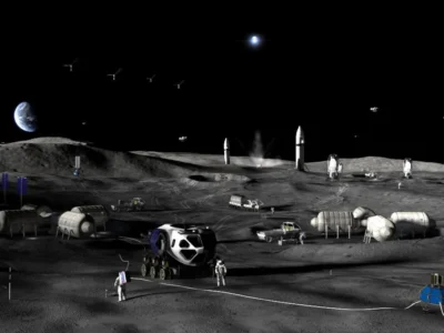 Base lunar de la NASA amb rovers i aterradors al pol sud de la Lluna