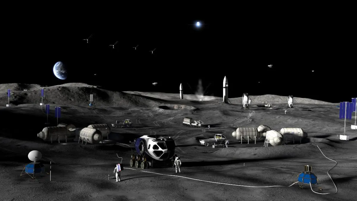 Base lunar de la NASA amb rovers i aterradors al pol sud de la Lluna