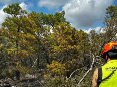 Bombers treballant en l’incendi de Segorbe i Gátova a la serra Calderona
