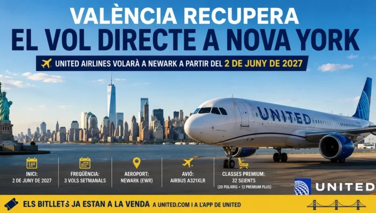 Airbus A321XLR de United Airlines, model que operarà la ruta directa entre València i Newark