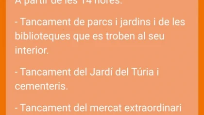 Gràfica de l’Ajuntament de València amb les mesures per l’alerta taronja de pluges