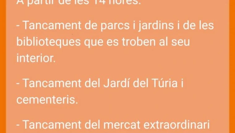 Gràfica de l’Ajuntament de València amb les mesures per l’alerta taronja de pluges