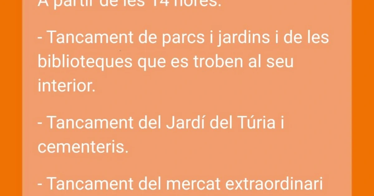 Alerta taronja per pluges a València: parcs, Jardí del Túria i cementeris tanquen des de les 14 hores 1 Gràfica de l’Ajuntament de València amb les mesures per l’alerta taronja de pluges