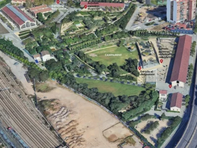 Vista aèria del Parc Central amb la ubicació del campament de Jaume I i els accessos previstos