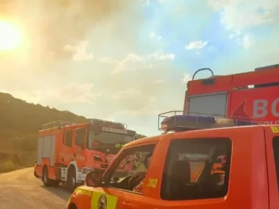 Bombers treballen en l’extinció de l’incendi forestal de Tuéjar