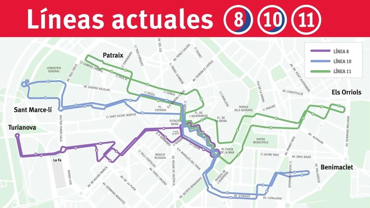 EMT rediseña las líneas 8, 10 y 11: así serán las nuevas 50, 51 y 58 6 emt valencia linies actuals 8 10 11