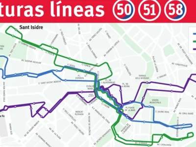Mapa de les noves línies EMT 50, 51 i 58 a València