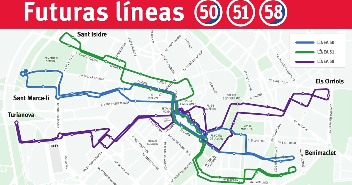 EMT rediseña las líneas 8, 10 y 11: así serán las nuevas 50, 51 y 58 1 Mapa de les noves línies EMT 50, 51 i 58 a València